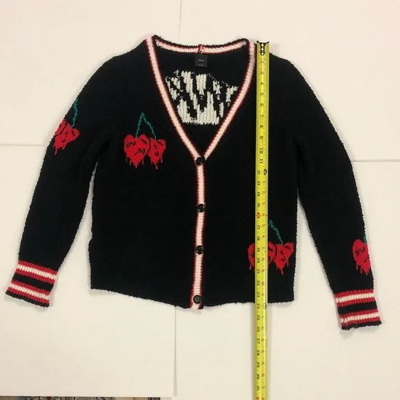 Pinko XS (up to XL) Realgar Cardigan Black w Red Green Cherry 🍒 Logo Design back - Picture 3 of 14